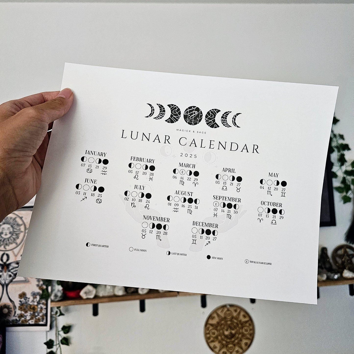 2025 Lunar Phases (Landscape) - Moon Calendar, Zodiacs, Total Eclipses - Minimalistic, Style 2 - Printable .pdf Document - INSTANT DOWNLOAD