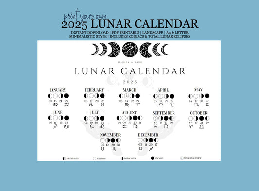 2025 Lunar Phases (Landscape) - Moon Calendar, Zodiacs, Total Eclipses - Minimalistic, Style 2 - Printable .pdf Document - INSTANT DOWNLOAD