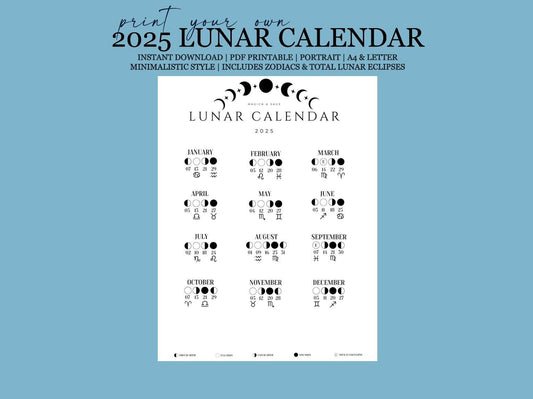 2025 Lunar Phases (Portrait) - Moon Calendar, Zodiacs, Total Eclipses - Minimalistic - Printable .pdf Document - INSTANT DIGITAL DOWNLOAD