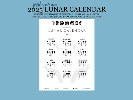 2025 Lunar Phases (Portrait) - Moon Calendar, Zodiacs, Total Eclipses - Minimalistic, Style 2 - Printable .pdf Document - INSTANT DOWNLOAD