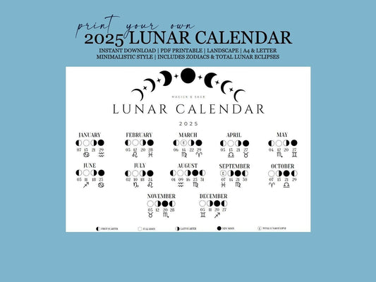 2025 Lunar Phases (Landscape) - Moon Calendar, Zodiacs, Total Eclipses - Minimalistic - Printable .pdf Document - INSTANT DIGITAL DOWNLOAD