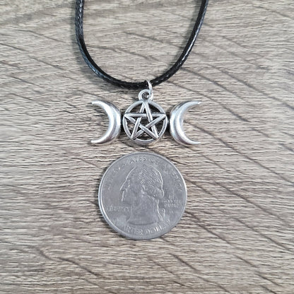 Triple Moon Necklace - Goddess pendant with pentagram center on adjustable 18" black cord - Pagan Jewelry, Amulets & Charms - Wiccan Gifts